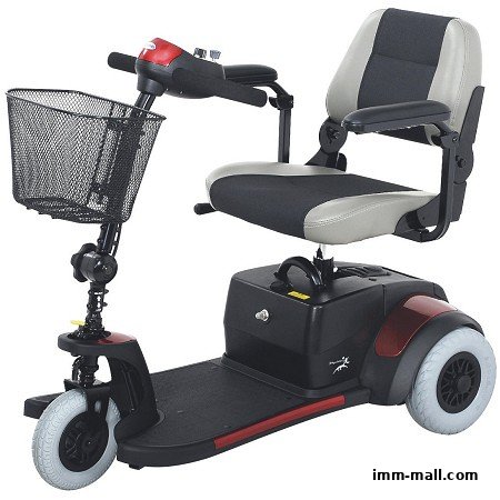 A three-wheeled mobility scooter with a basket and comfortable seating.