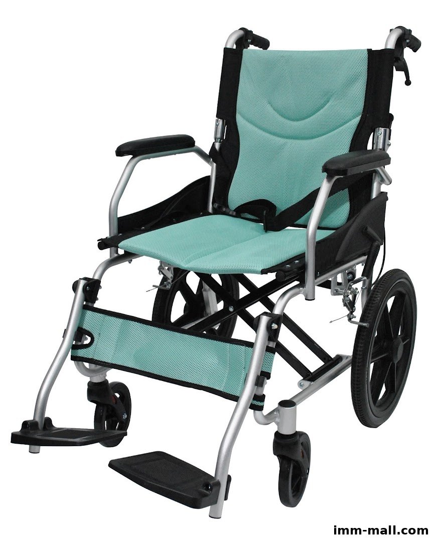 A lightweight, foldable wheelchair with a teal seat and backrest, designed for homecare and rehabilitation.