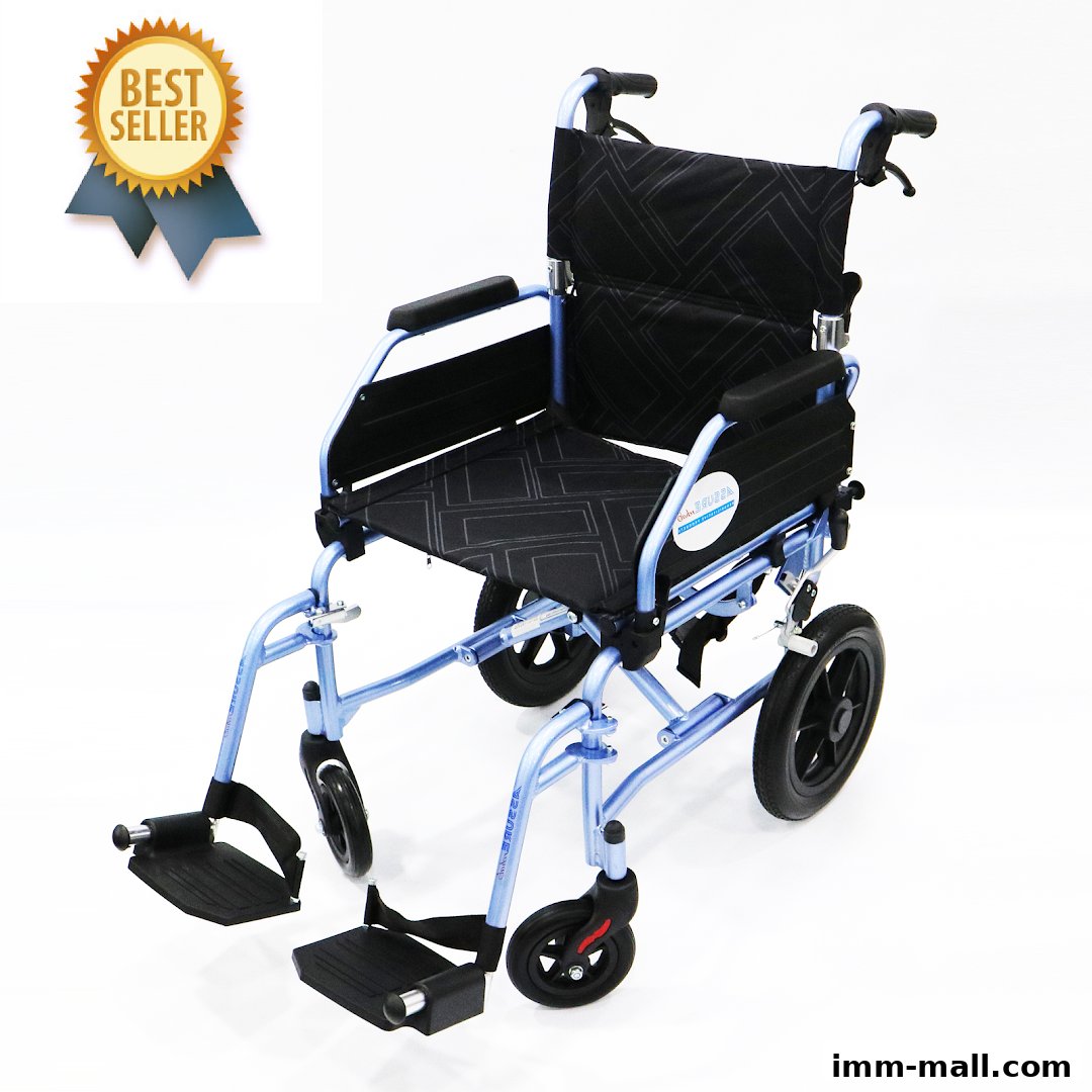 A blue lightweight wheelchair with a black patterned seat and backrest, featuring a 'Best Seller' badge.