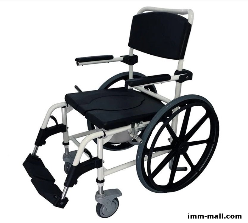 A white and black shower wheelchair with large rear wheels and smaller front casters.