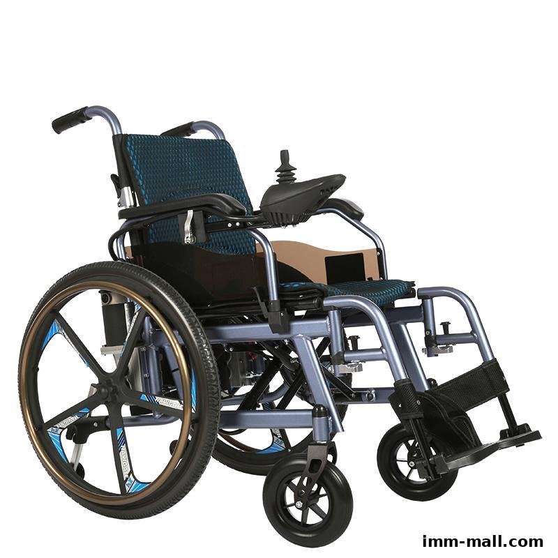 A close-up view of a modern electric wheelchair with a joystick control.