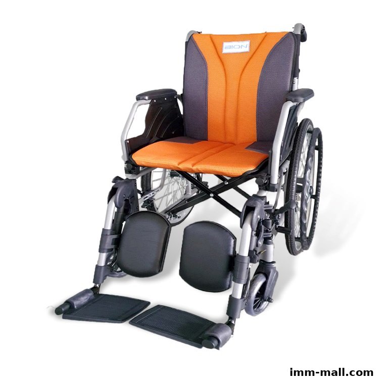 A modern orange and grey wheelchair with adjustable footrests, designed for homecare and rehabilitation.