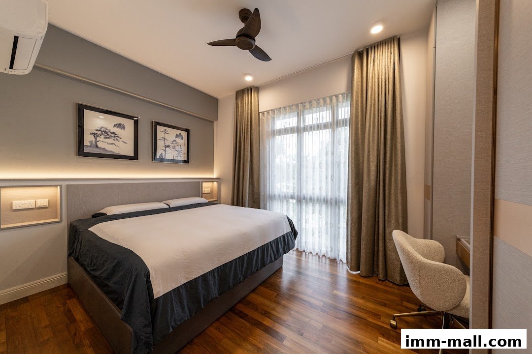 A modern bedroom with a large bed, wooden floors, and elegant curtains.