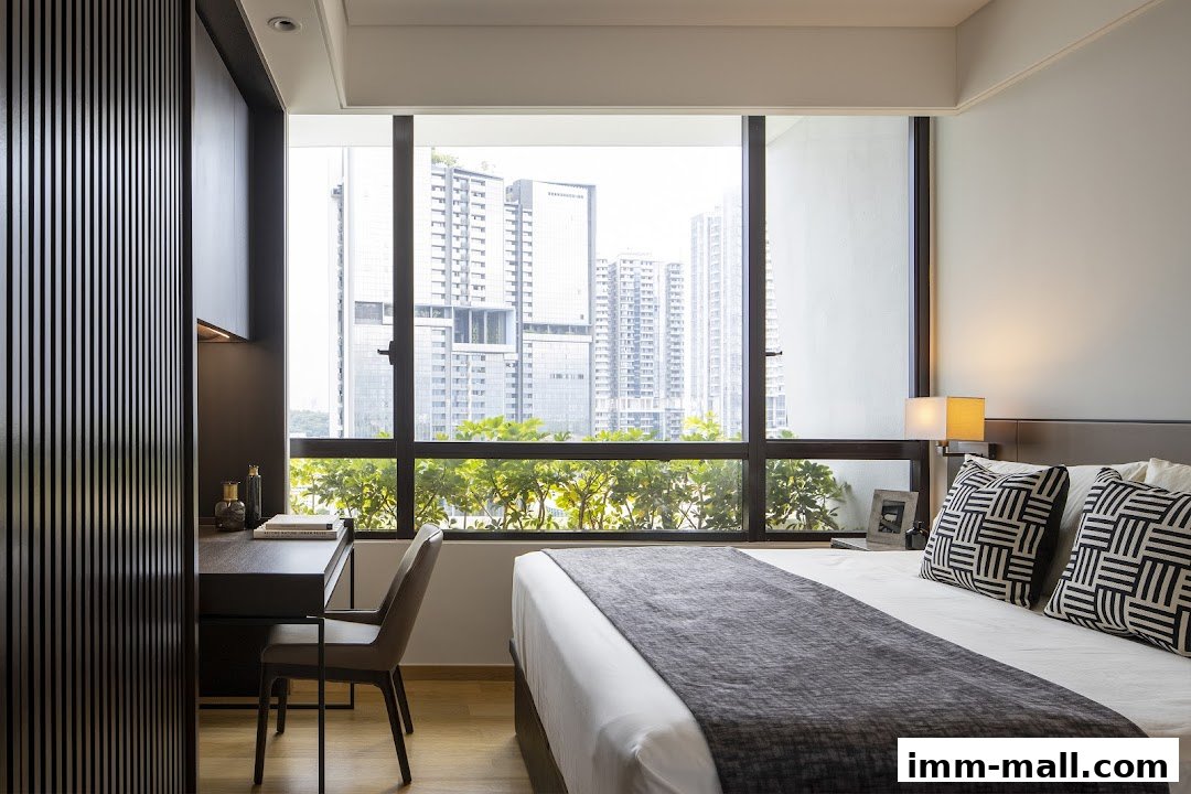A modern bedroom with a desk and a large window overlooking a city skyline.