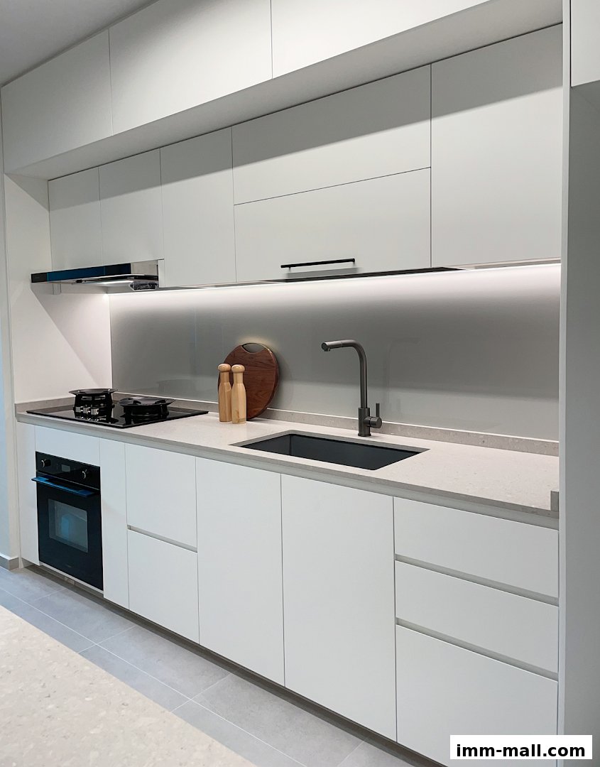 A modern, minimalist white kitchen with integrated appliances and a sleek black faucet.