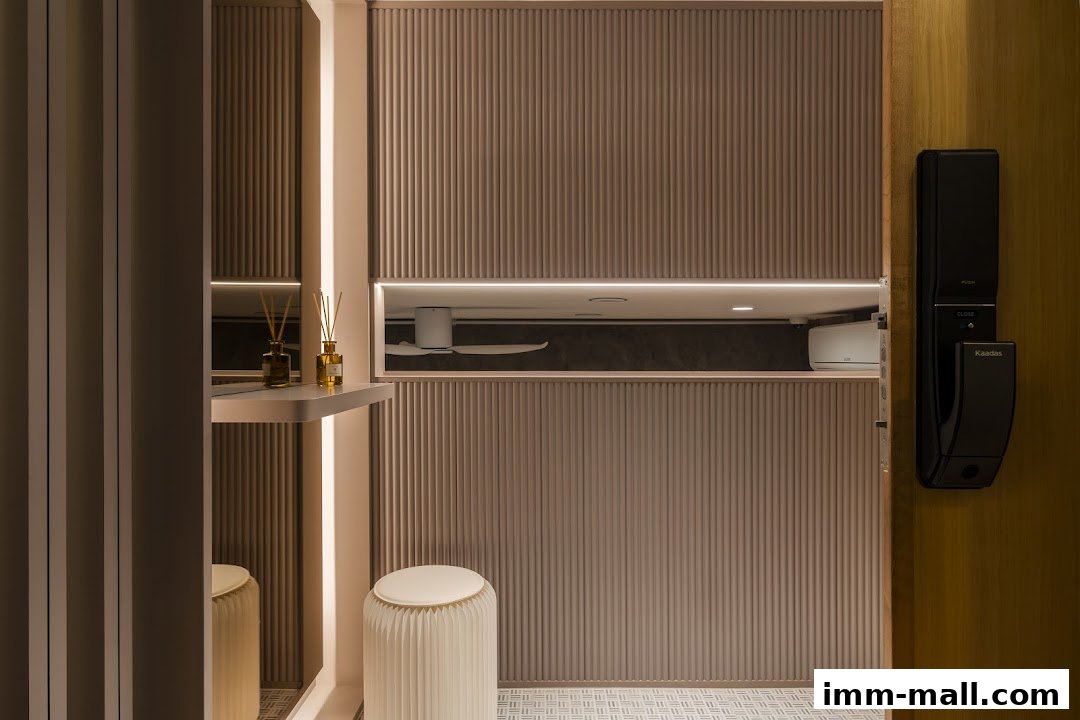 Interior view of a modern shop with ribbed walls, soft lighting, and decorative elements.