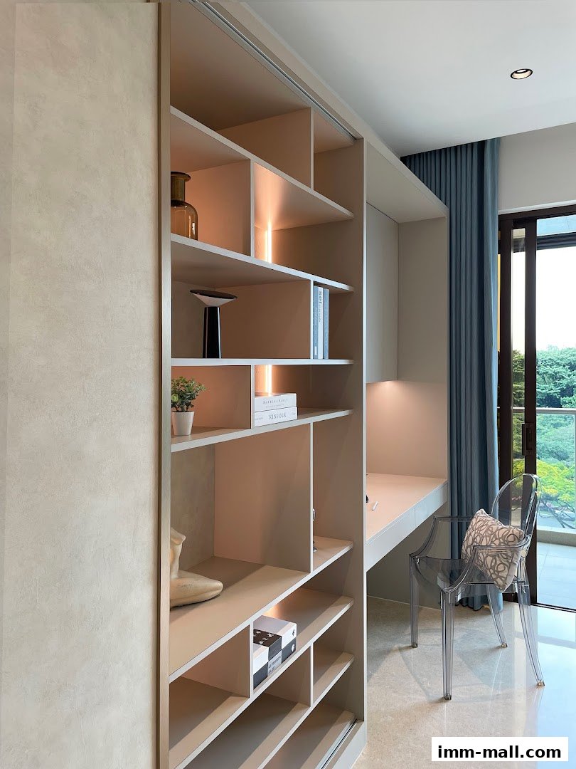 A modern built-in shelving unit with a desk and chair, featuring decorative items and books.