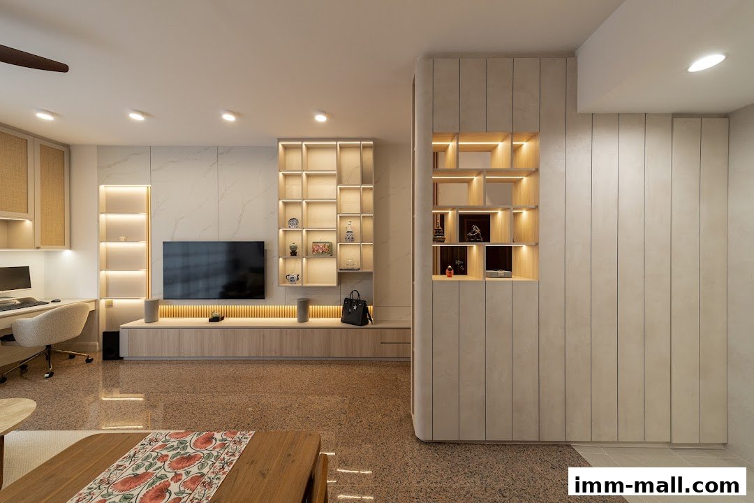 A modern living room with a TV, shelves, and a desk area, featuring warm lighting and neutral tones.
