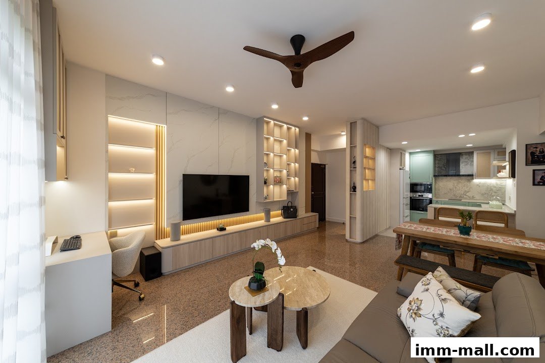 A modern living room and dining area with a sleek TV console, built-in shelves, and a dining table.