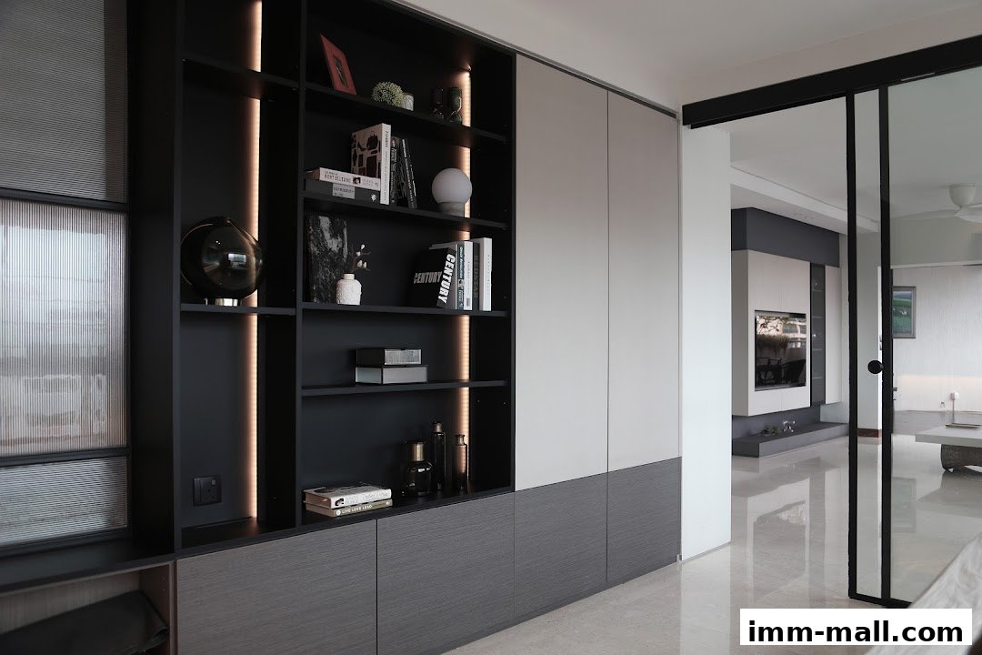 Modern living room interior with a sleek black bookshelf and minimalist decor.