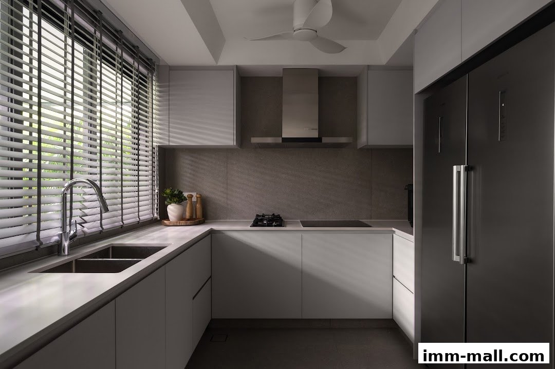 A modern kitchen with a sink, stove, and refrigerator, featuring blinds and a ceiling fan.