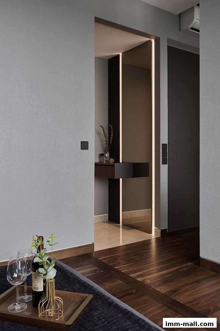 Interior view of a modern room with a doorway leading to a hallway with accent lighting.