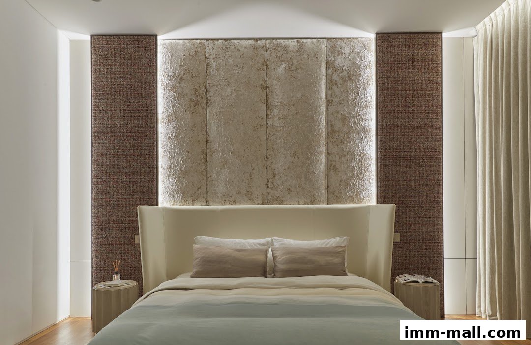 A beautifully designed bedroom with a textured headboard and elegant lighting.