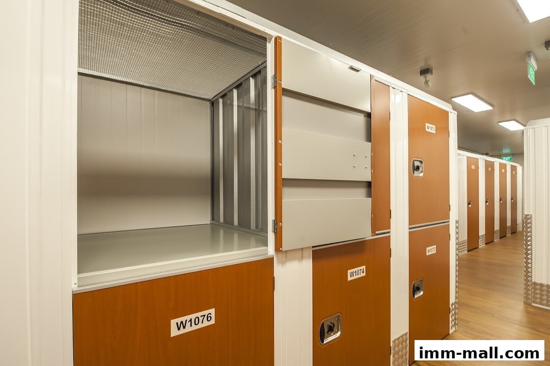 Interior view of a storage facility with multiple numbered storage units.