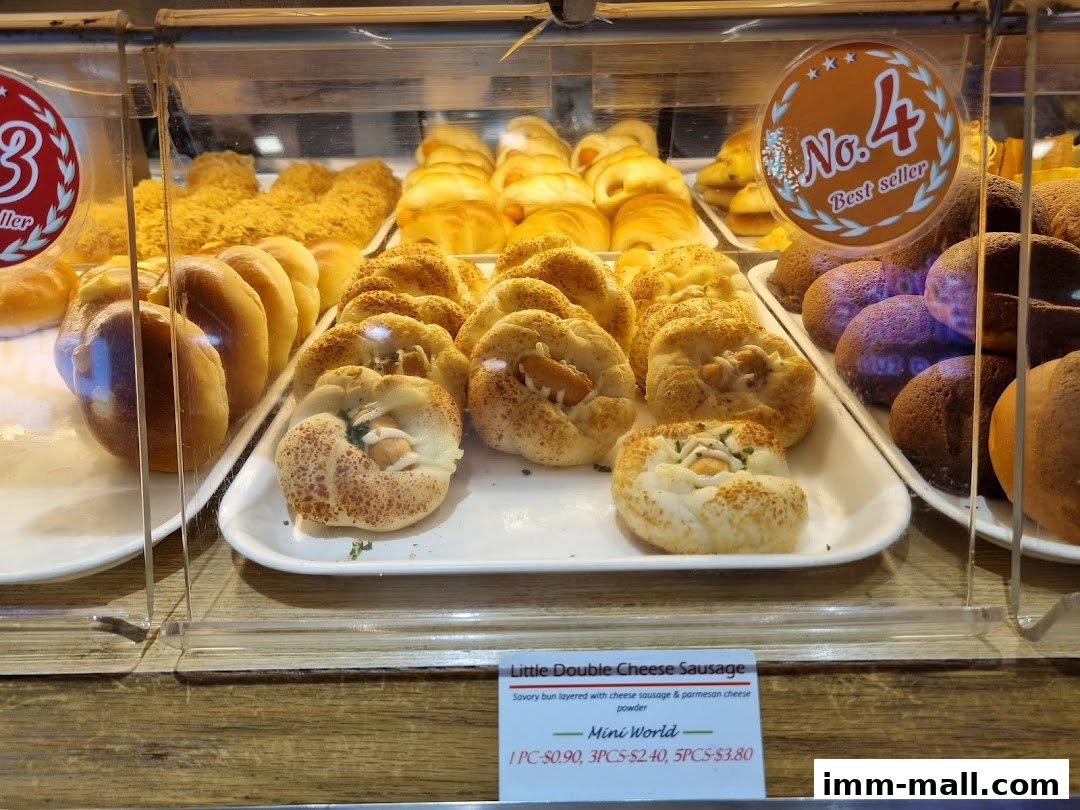 A display case filled with various freshly baked pastries and buns from Four Leaves.