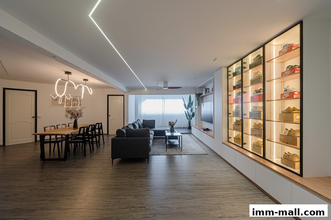 A modern living and dining area with a display cabinet showcasing sneakers.