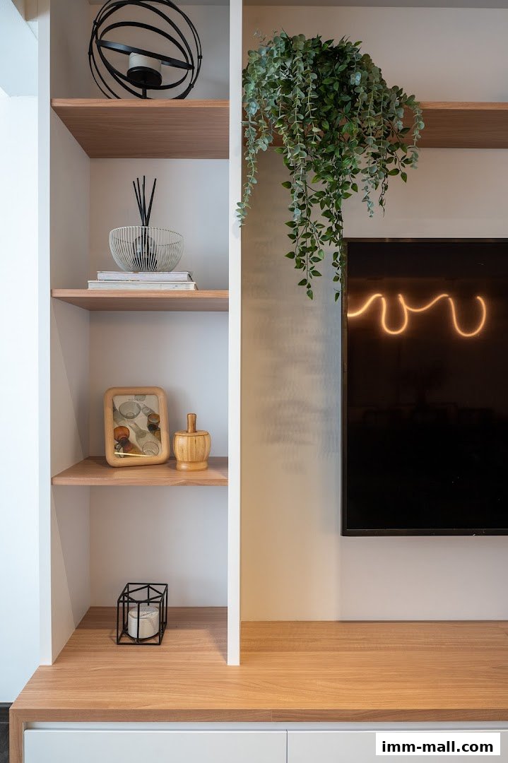 Interior shot of a modern shelving unit with decorative items and a television.