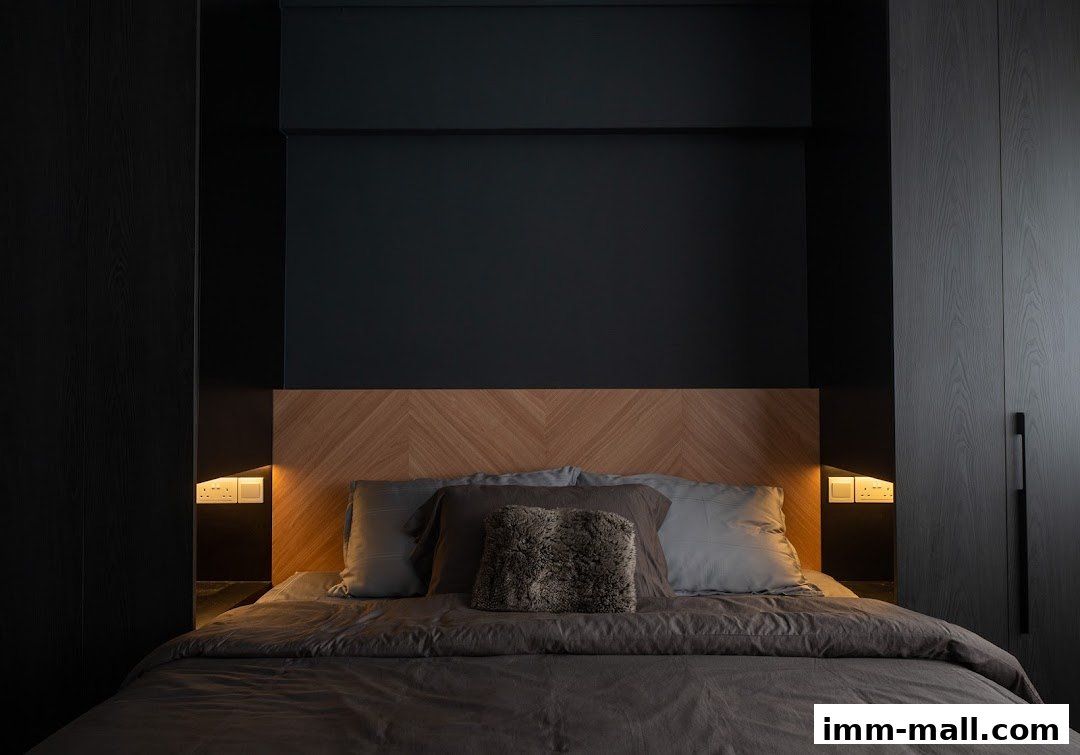 A modern bedroom with a dark color palette, featuring a wooden headboard and plush bedding.