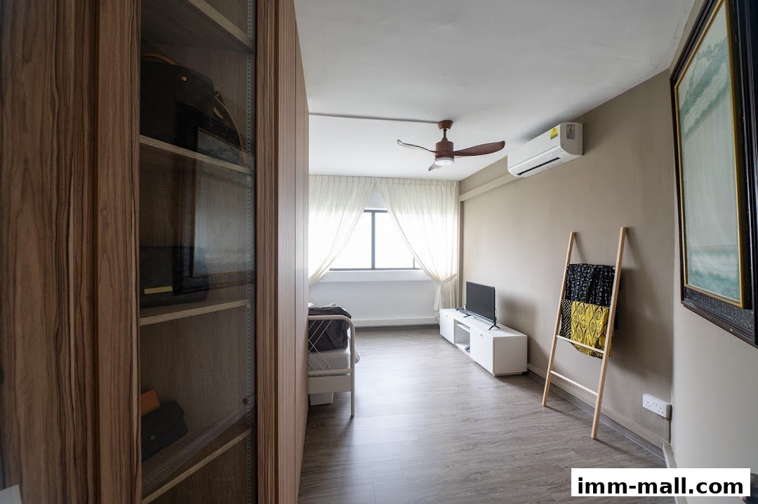 A modern living space with a TV, air conditioning, and a wooden display cabinet.