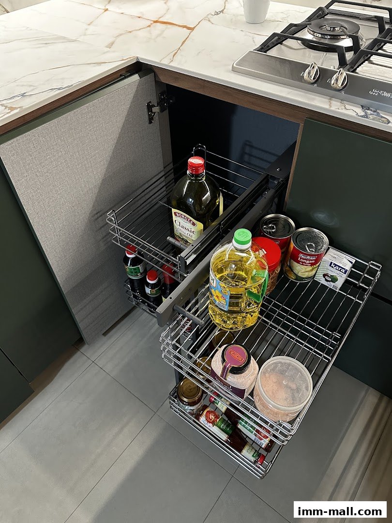 A pull-out kitchen cabinet organizer filled with various cooking oils, sauces, and canned goods.