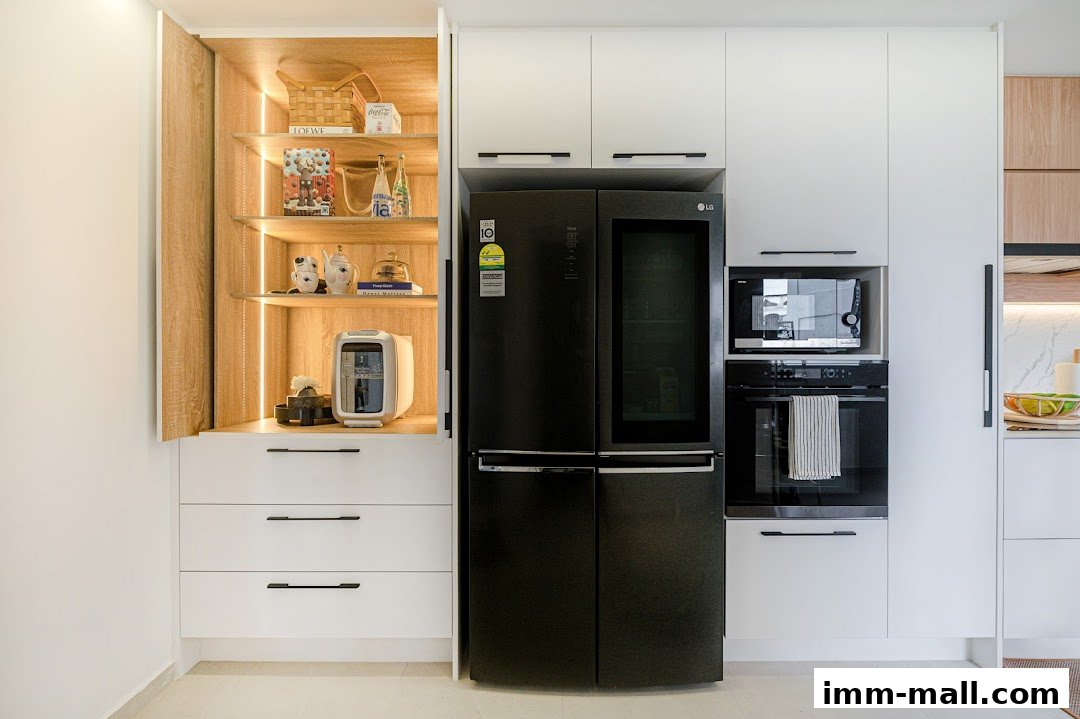 A modern kitchen with a black refrigerator, oven, microwave, and stylish open shelving.