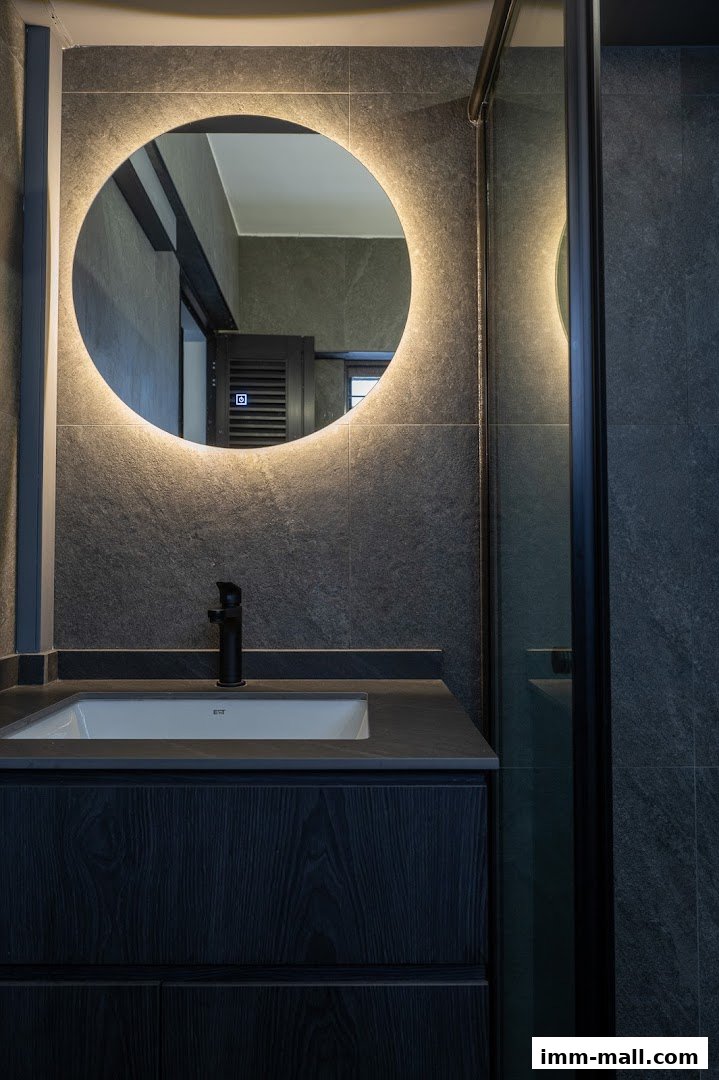 A modern bathroom vanity with a backlit circular mirror and a black faucet.