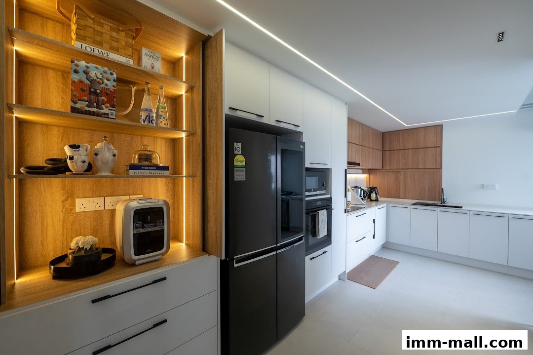 A modern kitchen with sleek white cabinets, a dark refrigerator, and illuminated wooden shelves.