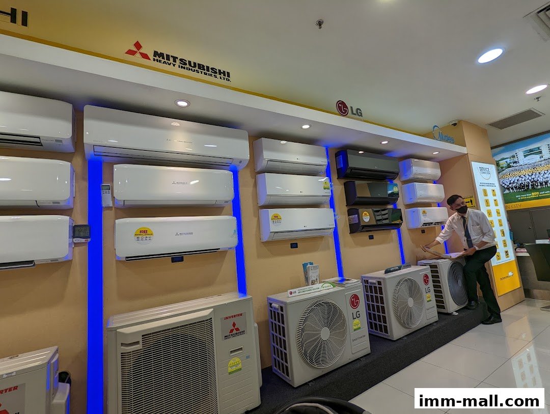 A store display featuring various air conditioning units from brands like Mitsubishi and LG.