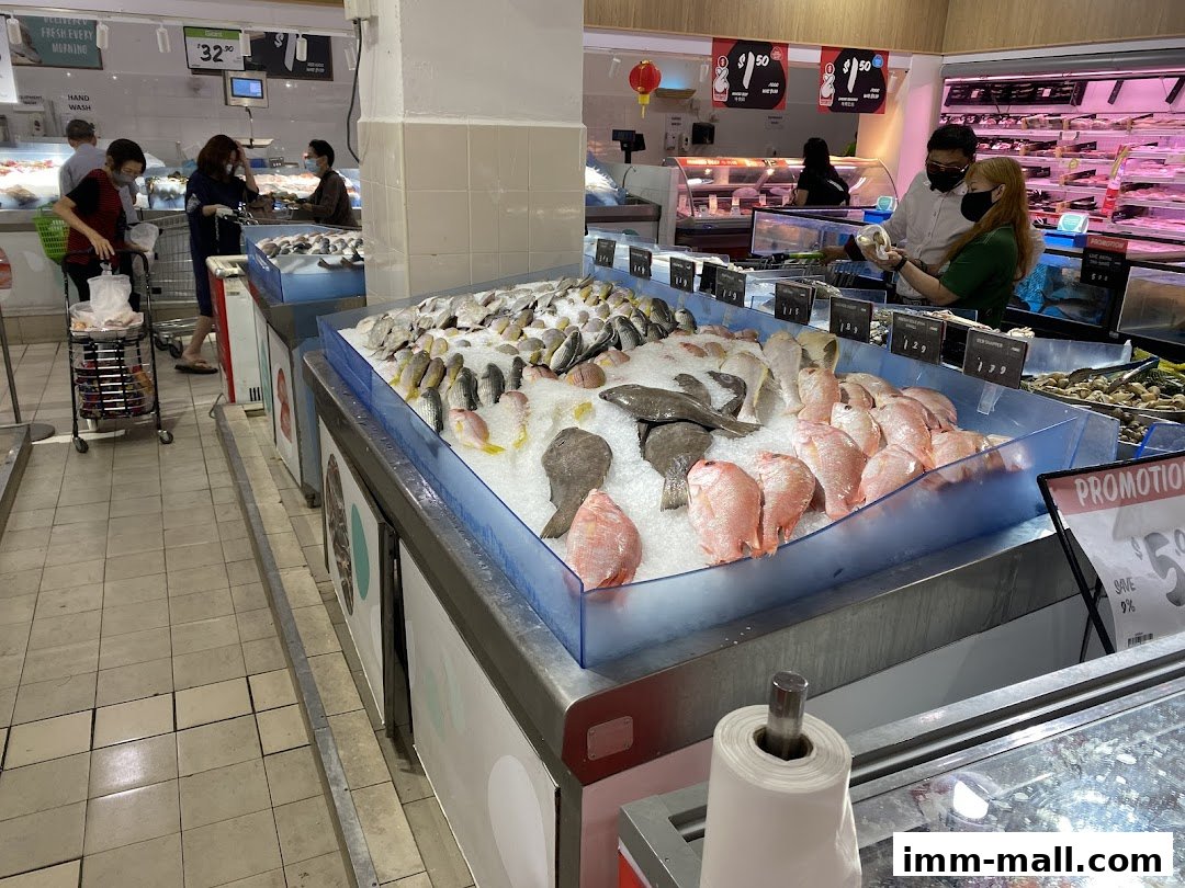 A wide selection of fresh fish displayed on ice at a supermarket seafood counter.