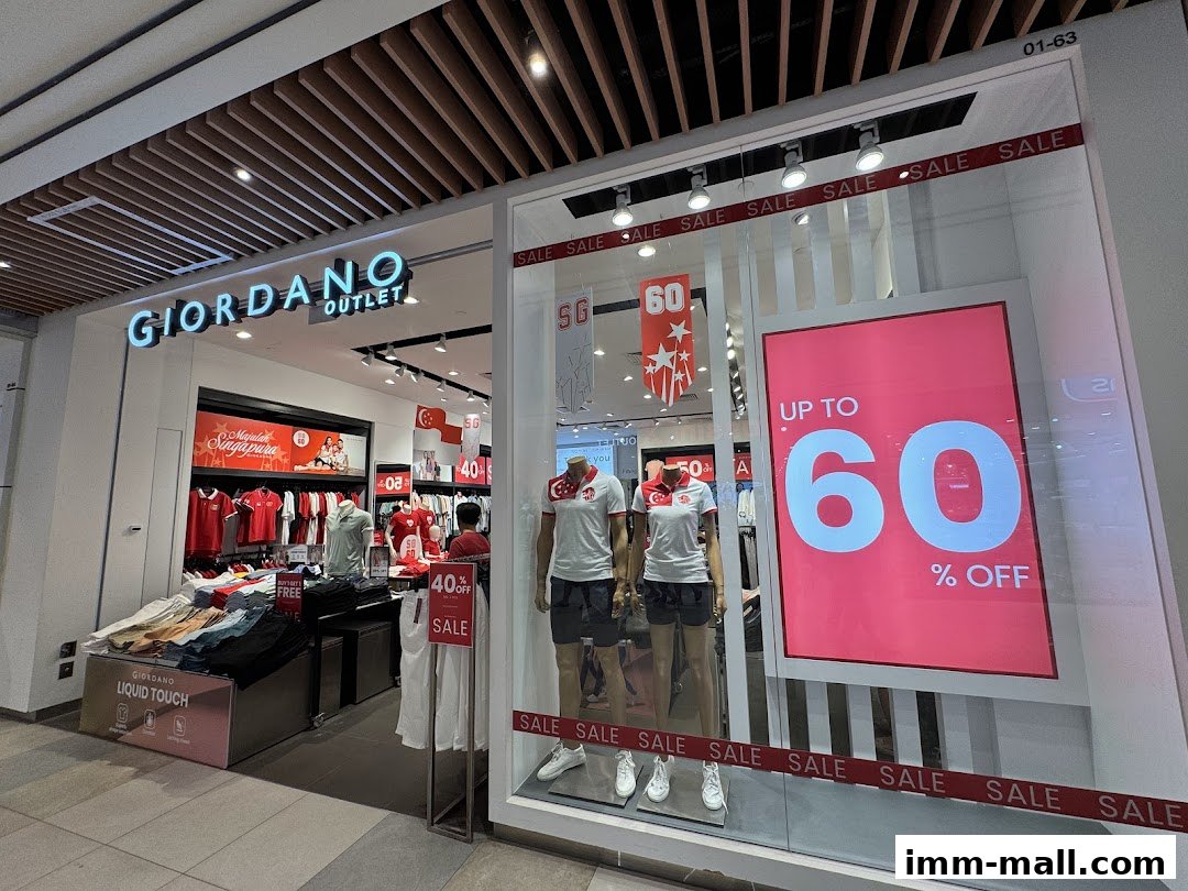 Giordano Outlet shop front with mannequins and sale signs displaying up to 60% off.