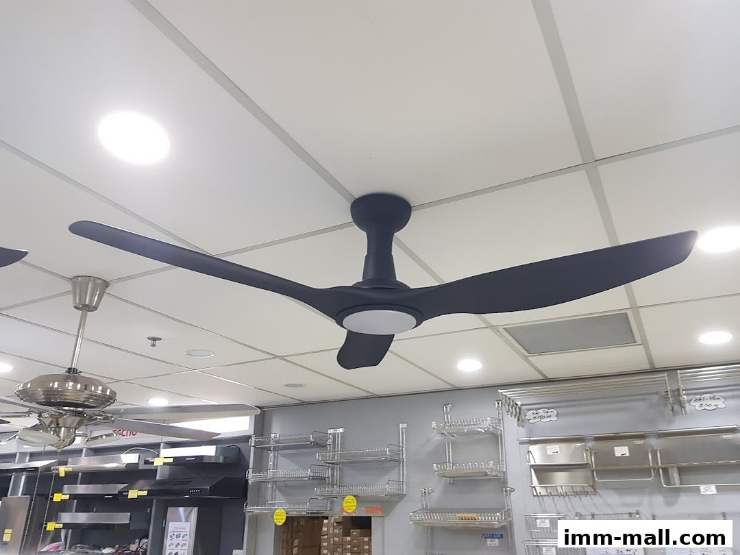 Modern ceiling fans and kitchen appliances displayed in a retail store.