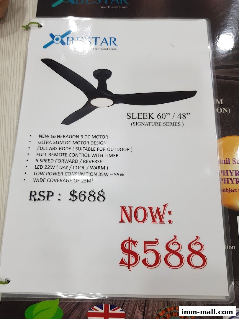 A product catalog page showcasing a Bestar Sleek ceiling fan with its features and pricing.