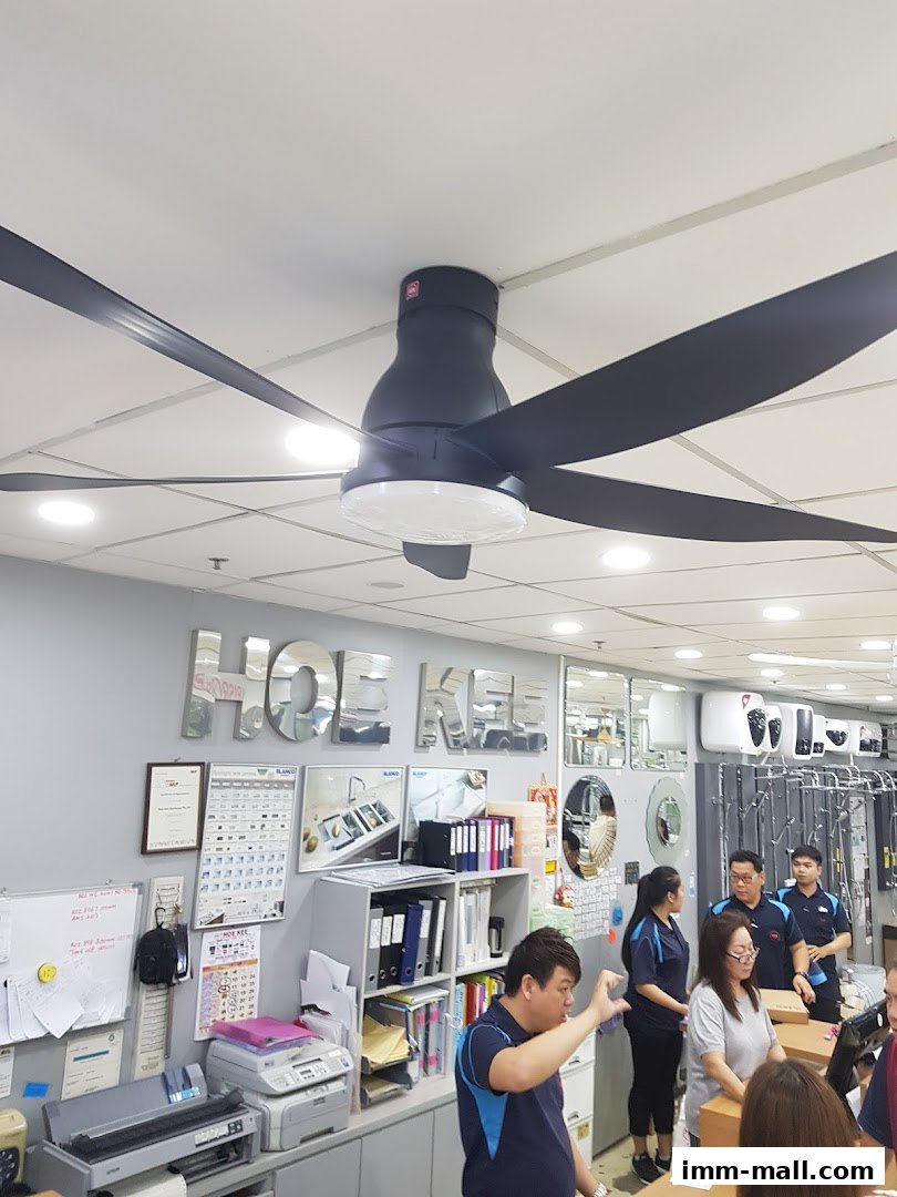 Interior of a hardware store with staff and products like ceiling fans and bathroom fixtures.