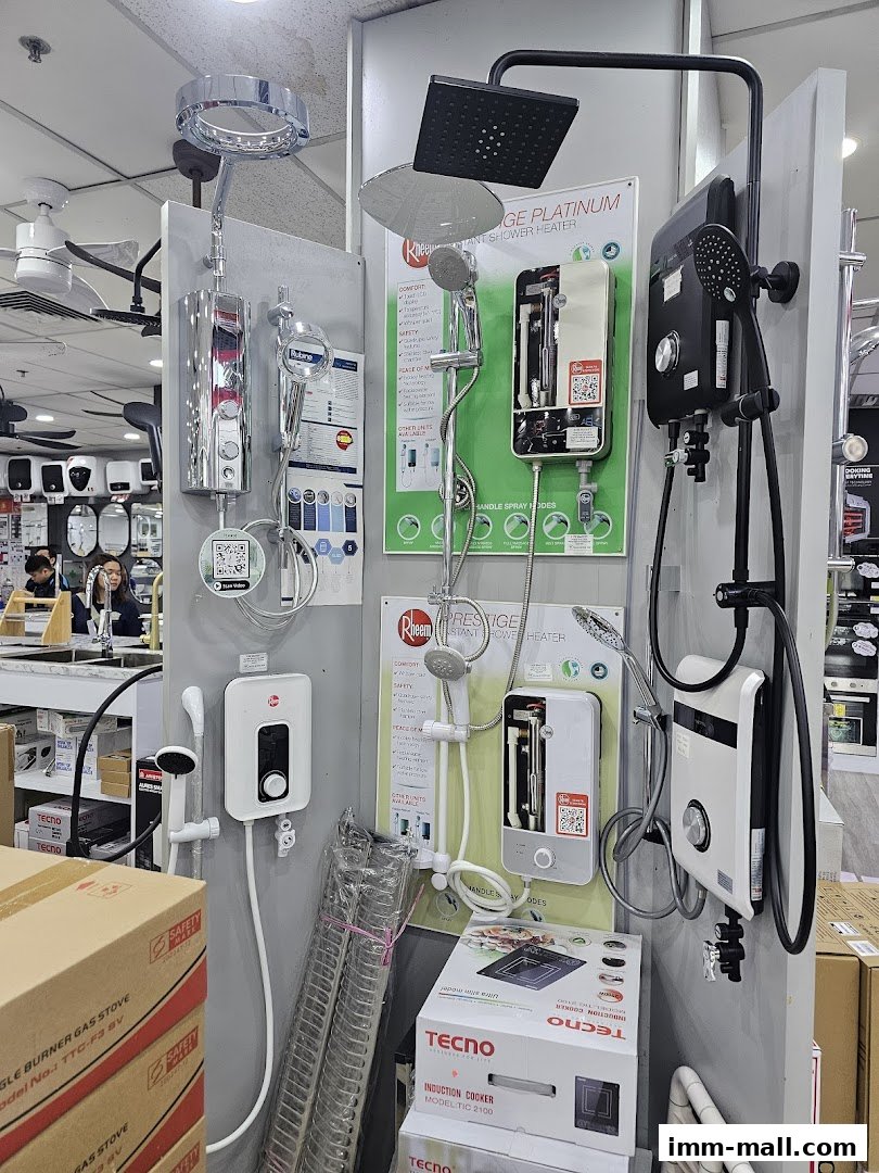 Display of various shower heaters and induction cookers in a retail store.