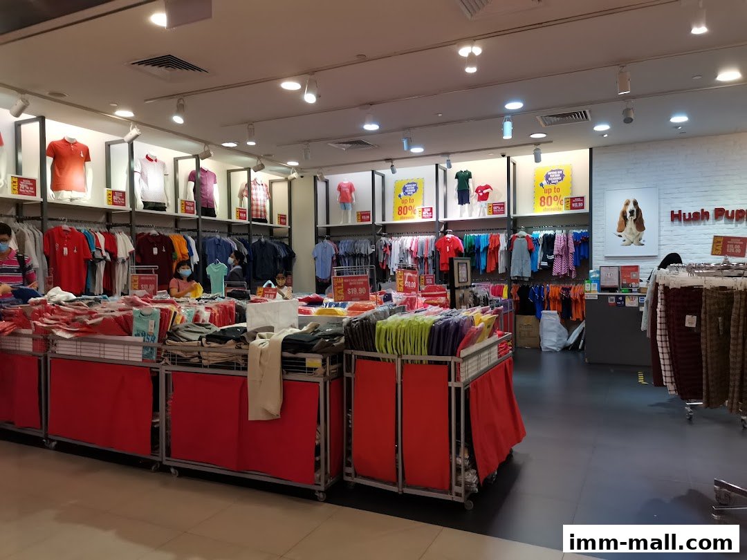 Interior view of a Hush Puppies store showcasing clothing and bags with sale signs.