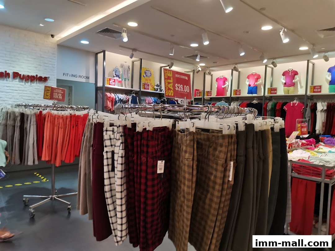 Interior view of Hush Puppies store with racks of clothing and sale signs.