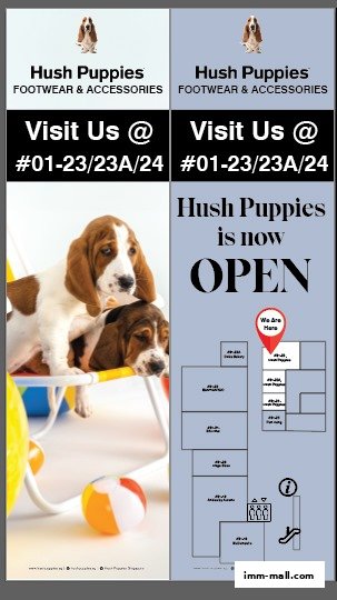 Hush Puppies Footwear & Accessories store announcement with cute puppies and a mall directory.