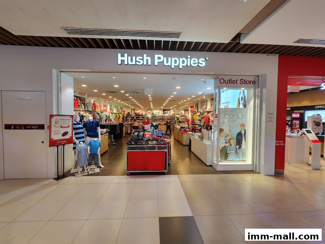 The entrance of a Hush Puppies outlet store displaying clothing and accessories.