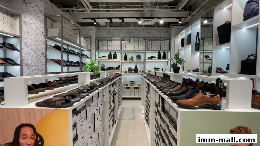 Interior view of a well-lit shoe store showcasing rows of men's footwear and bags on shelves.