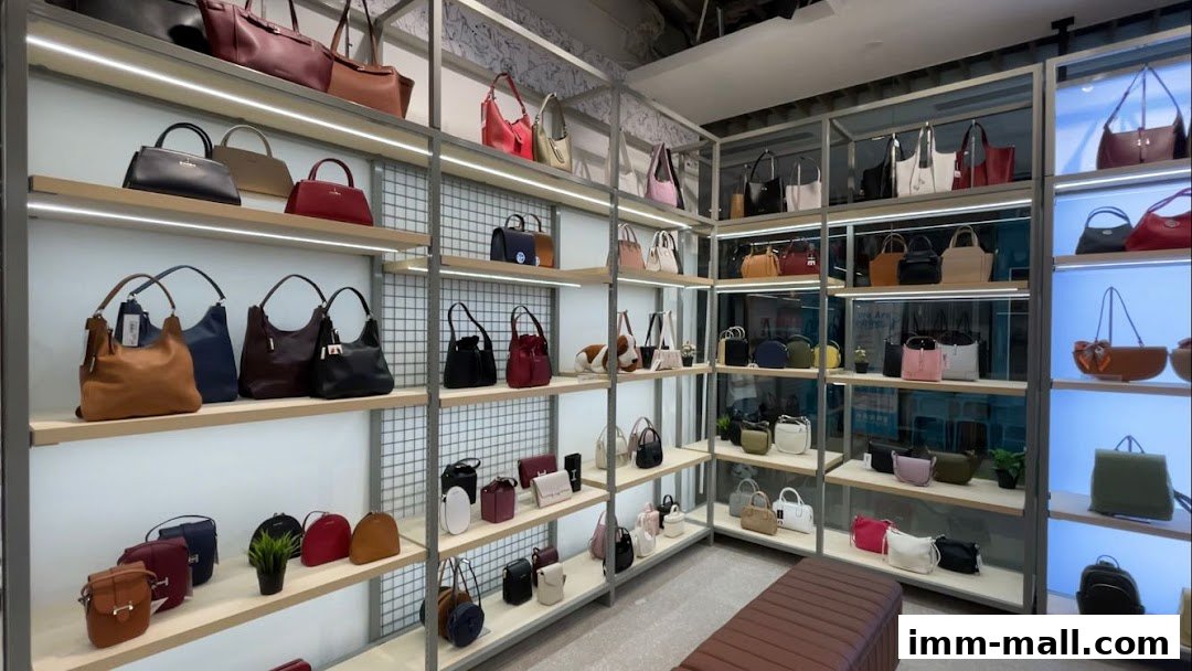 Interior view of a Hush Puppies store showcasing a wide variety of handbags on display shelves.