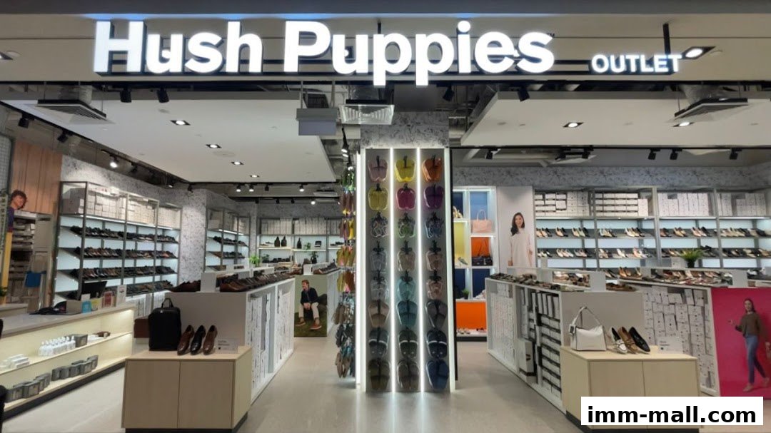 Interior view of a Hush Puppies Outlet store showcasing a wide selection of footwear and bags.