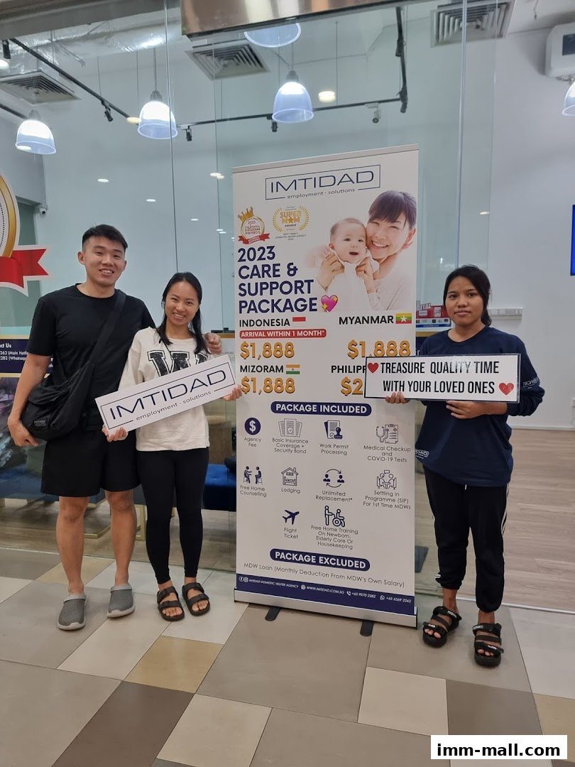 People holding signs promoting care and support packages for domestic helpers.