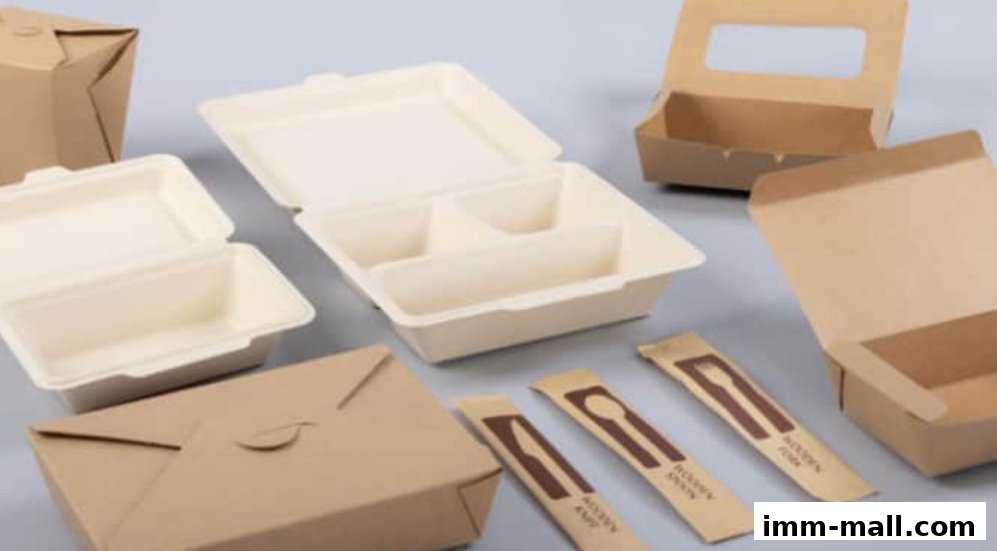 A collection of eco-friendly food packaging containers and cutlery.