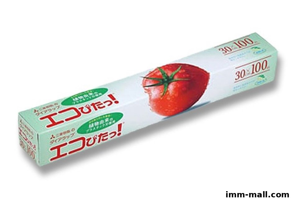 A roll of eco-friendly plastic wrap with a tomato graphic and Japanese text.