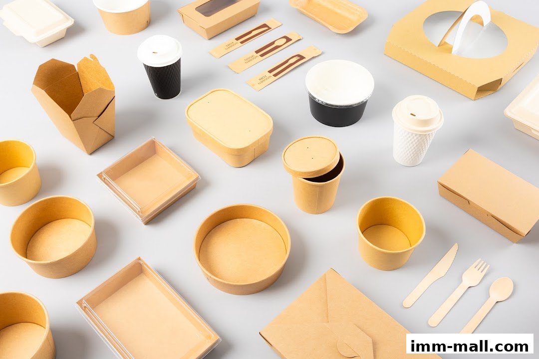 A collection of various eco-friendly disposable food packaging containers and cutlery.