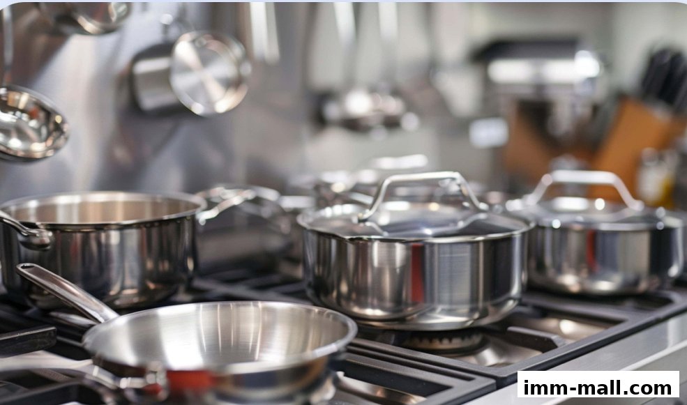 A collection of stainless steel pots and pans on a stovetop.