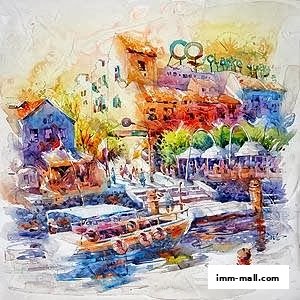 A vibrant watercolor painting depicts a bustling harbor scene with colorful buildings and boats.
