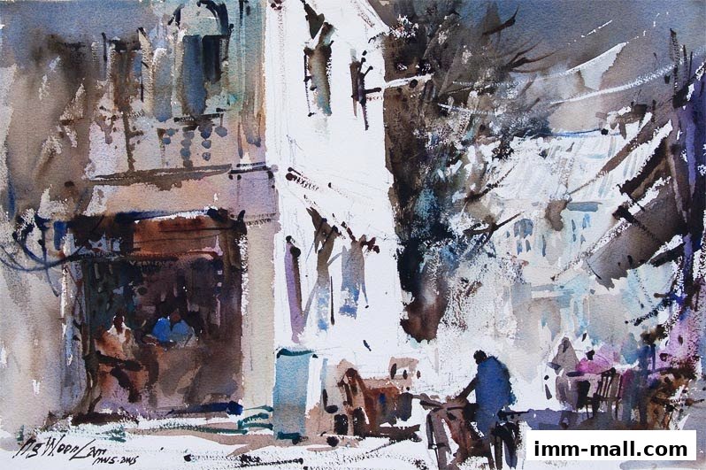 A watercolor painting depicting a street scene with figures and buildings.