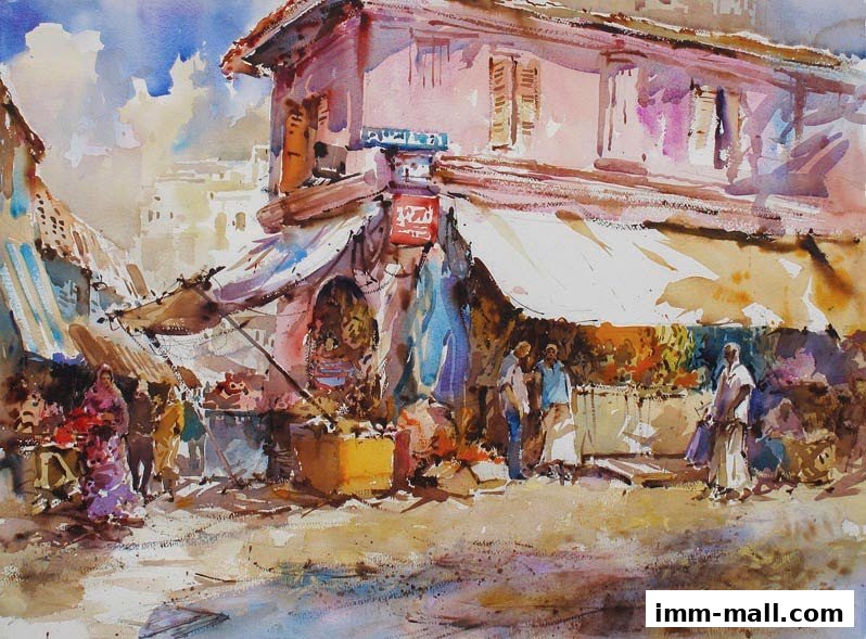 A watercolor painting depicts a bustling street scene with a fine art gallery and market stalls.