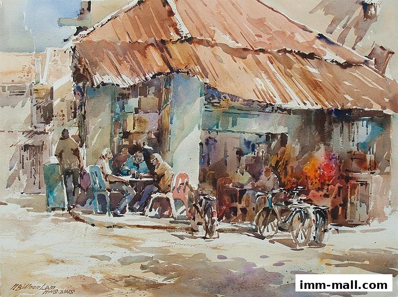 Watercolor painting of a bustling street scene with people sitting at tables outside a shop.